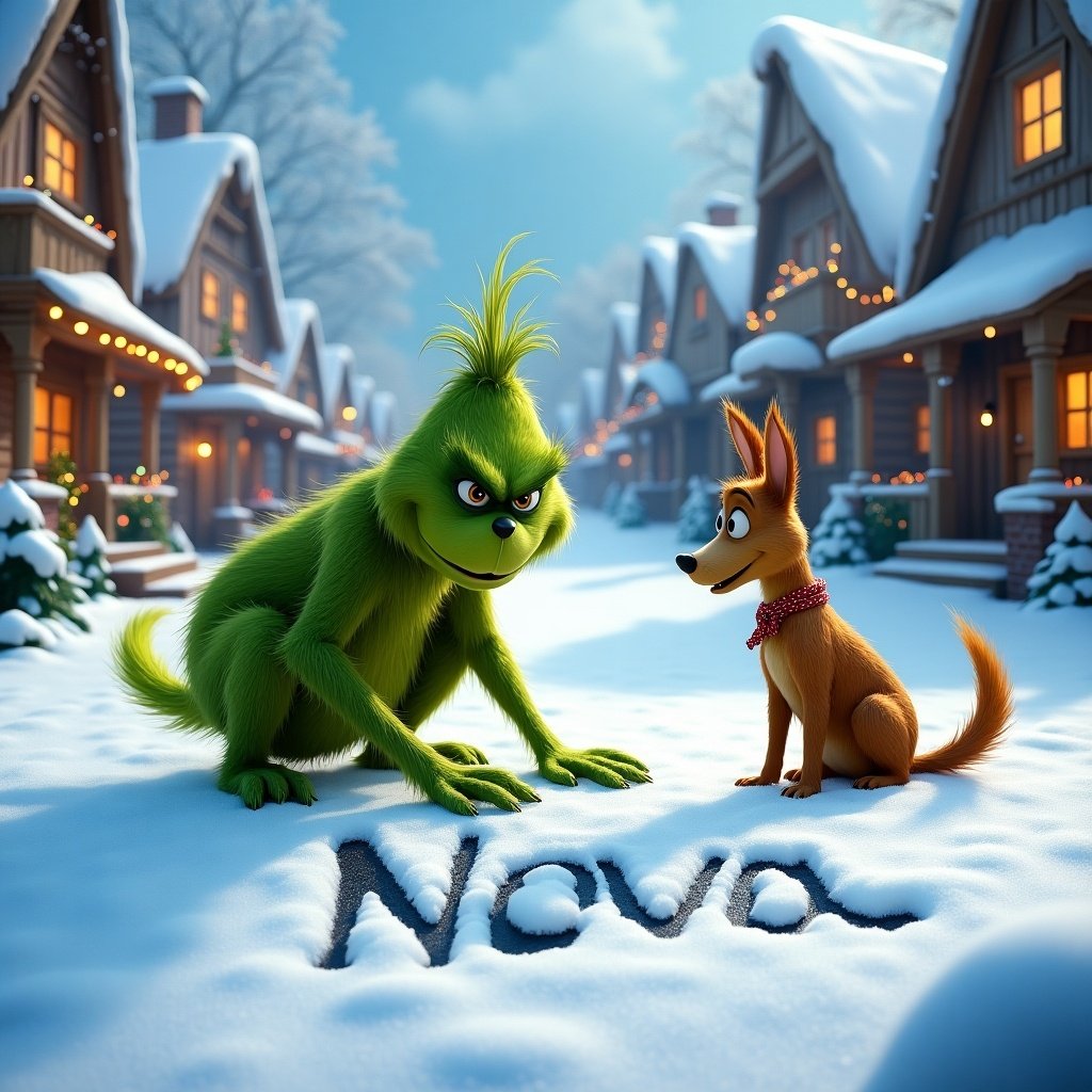 The Grinch writing Nova in the snow with Max in Whoville during winter.