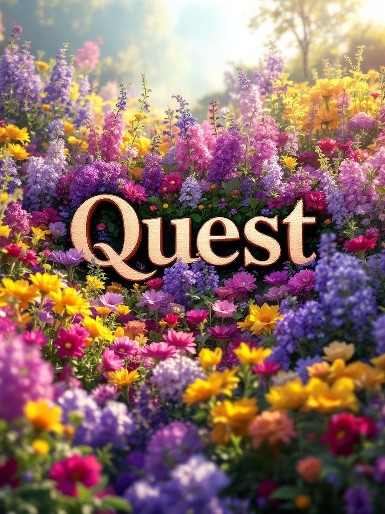 Enchanting floral landscape filled with diverse spectrum of blossoms. Scene features array of flowers in shades of purple fuchsia yellow violet. Sunlit meadow with flowers stretching outward creating vibrant tapestry. At the center, word 'Quest' emerges from flowers in wood. Letters blend into colorful garden yet stand distinctively. Soft glow of late afternoon sunlight enhances beauty of blossoms and word. Atmosphere feels magical inviting drawing viewers into floral adventure.