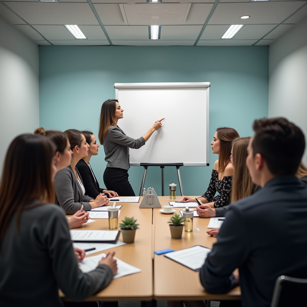 A group of professionals engaged in a meeting with a presenter at a whiteboard.