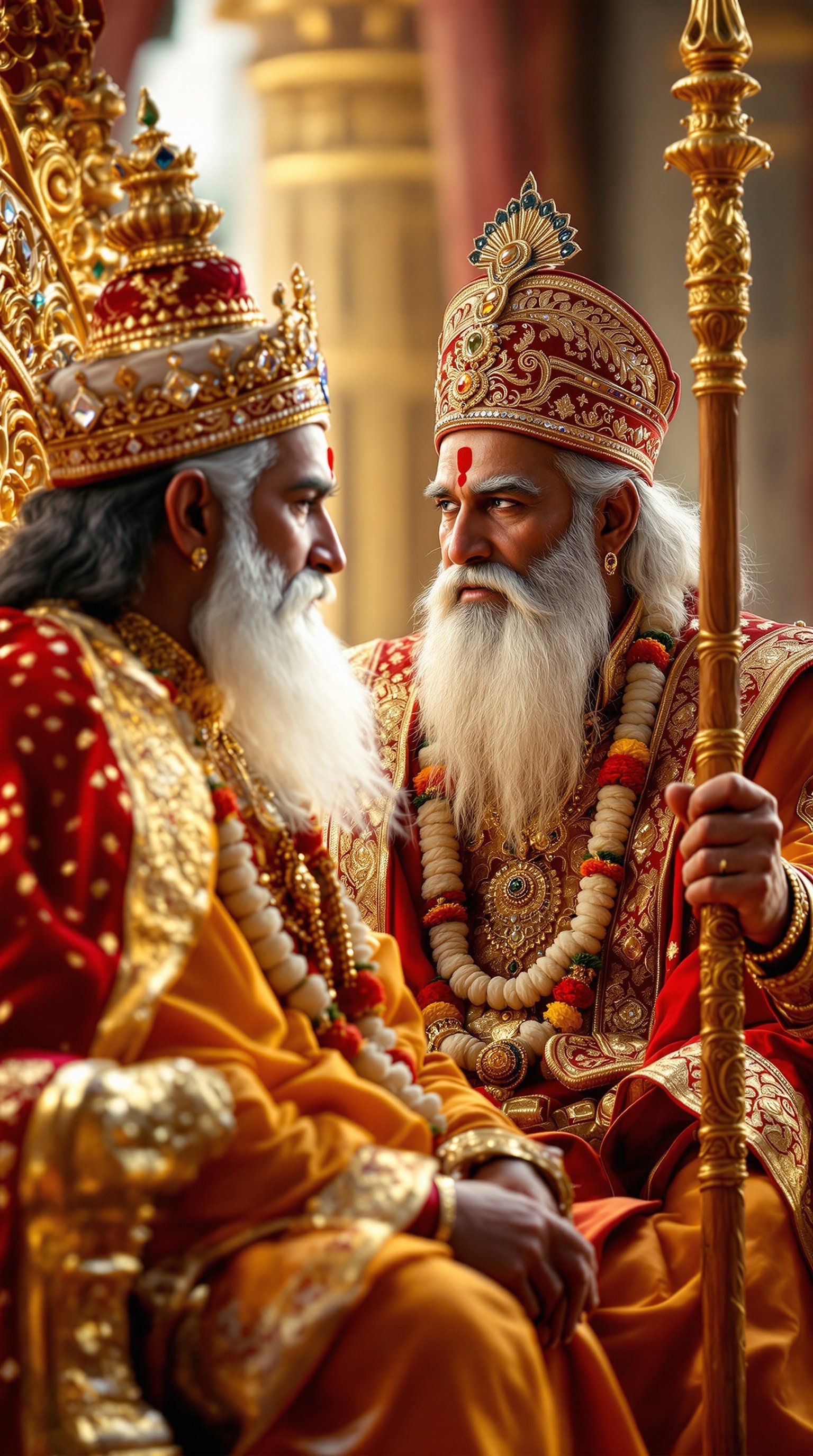 Highly detailed image of King Veerendra on his throne with Maharsi Anand nearby. King wears a red and gold sherwani and golden crown. Maharsi is in saffron robes with a long beard and wooden staff. Elegant setting with warm tones.