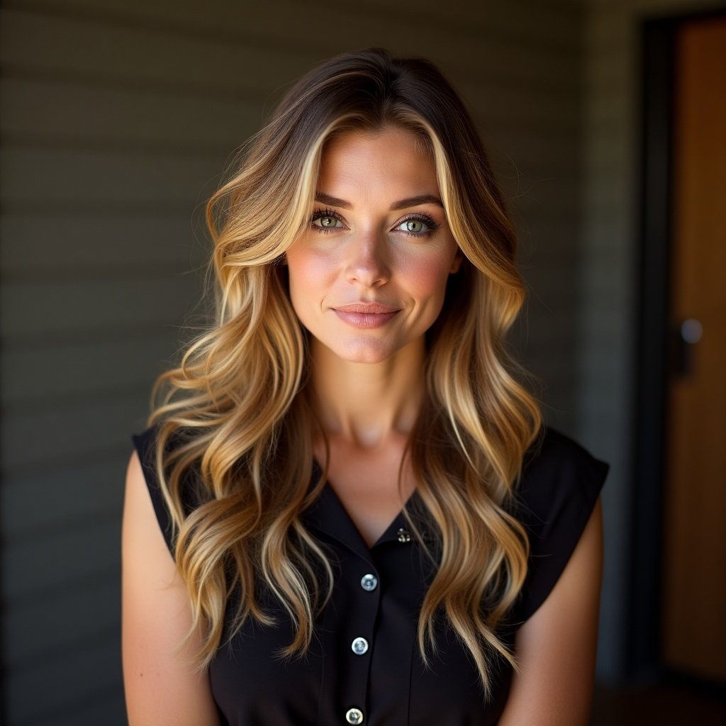 A woman with long, wavy blonde hair wearing a sleeveless black shirt poses for a portrait in front of a wooden door. The background has soft natural lighting and warm tones.