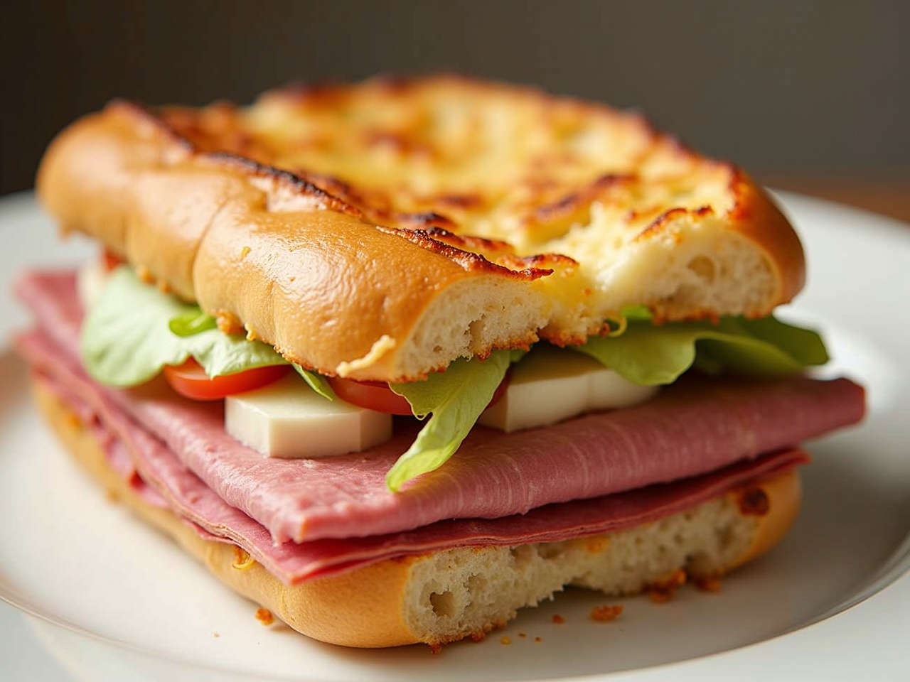 This image features a delectable baked ciabatta sandwich. Layers of pastrami, fresh mozzarella, sliced tomatoes, and crisp iceberg lettuce create a colorful display. The sandwich is generously spread with mayo for added flavor. Soft lighting enhances the fresh ingredients and baked ciabatta texture. It sits invitingly on a white plate, ready to be enjoyed.