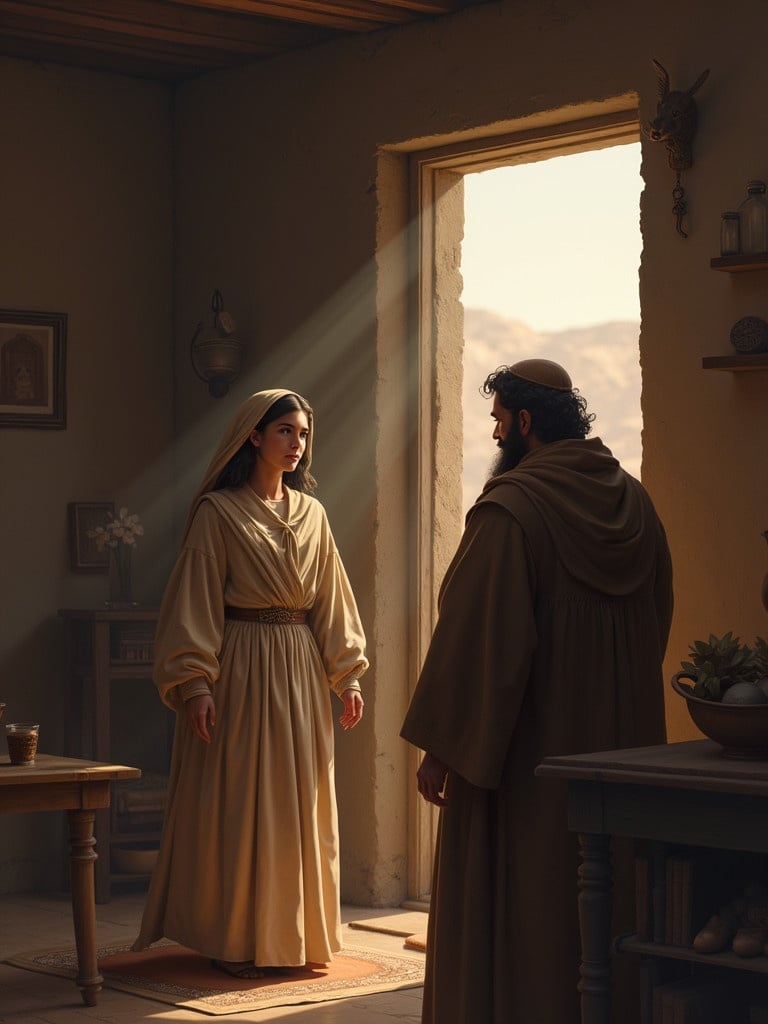 Realistic scene of Mordecai and Esther in their home. Simple dress and expressions reflect biblical times. Sunlight streams in from the doorway. Mordecai gives advice to Esther, who gazes thoughtfully.