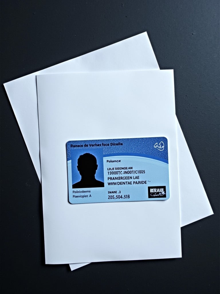 French national identity card placed on a dark surface with white paper underneath. ID card predominantly blue and white. Strong contrast between card and paper is visible.