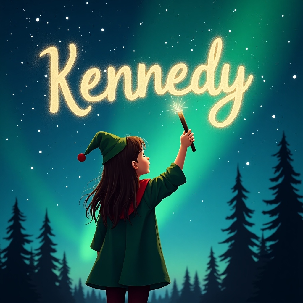 A girl scout elf stands facing the sky holding a magic wand. She writes the name 'Kennedy' in the air. A glowing effect like northern lights appears. The background features a starry night sky and tree silhouettes. The scene is magical and imaginative.