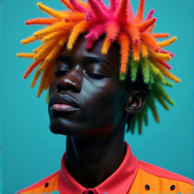 A person with colorful, spiky hair in shades of orange, pink, and green, set against a teal background, is wearing a bright orange shirt with eyes closed.