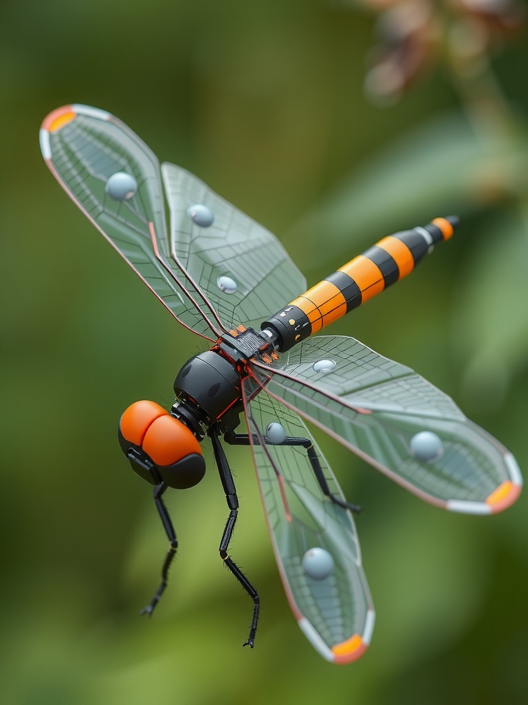 This image depicts a highly detailed, futuristic illustration of a robotic dragonfly in flight. The dragonfly features realistic mechanical elements like transparent wings with intricate patterns and a sleek body with orange and black stripes. The background is softly blurred, giving emphasis to the dragonfly's intricate design and highlighting its hovering motion.