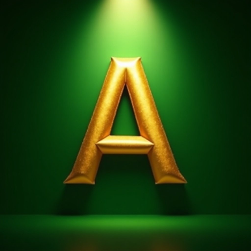 This image features a bold, golden letter 'A' prominently displayed in the center. The letter is designed with a shiny, reflective texture to stand out against a vibrant green backdrop. A well-placed spotlight illuminates the letter, enhancing its golden hues and creating a dramatic ambiance. The artistic representation emphasizes the letter's 3D form, making it visually striking. This composition is ideal for branding or graphic design purposes.