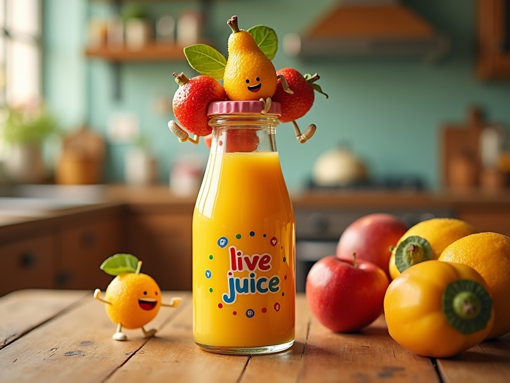 This vibrant image features a glass bottle of orange juice labeled 'live juice' on a rustic wooden table. Animated fruits, including a happy pear and strawberry, decorate the bottle, adding a whimsical touch. The background is slightly blurred, showcasing a cozy kitchen environment with various fruits like apples and lemons contributing to the lively and cheerful atmosphere.