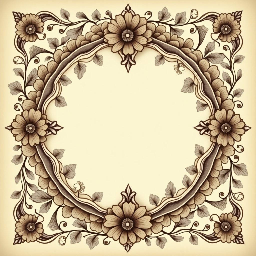 Vintage label design features intricate floral patterns. Ornate frame is central with space for text. Earthy tones of browns and golds create elegance. Delicate vines and leaves intertwine with buds and blossoms. Design resembles antique packaging from early 1900s. Exudes craftsmanship and detail, ideal for luxury products.