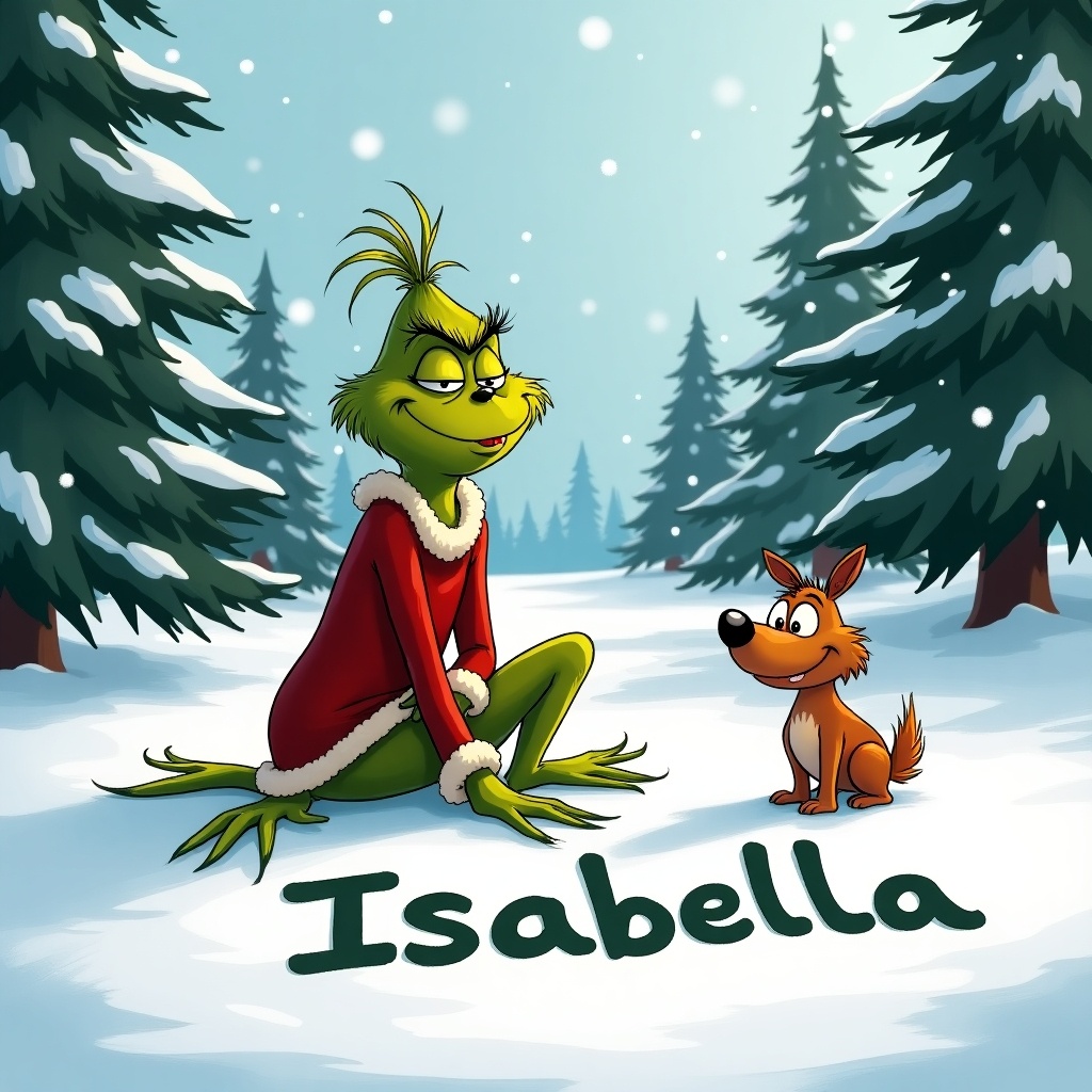 The Grinch is sat in a snowy landscape with his loyal dog Max. They are surrounded by tall evergreen trees dusted with snow. The Grinch, dressed in a red holiday outfit, has a mischievous smirk while he writes the name 'Isabella' in the snow. Max, a small dog, looks up at the Grinch with playful curiosity. The scene is playful and festive, evoking the spirit of the holidays. The background is bright and cheerful, enhancing the whimsical atmosphere. The characters are filled with personality, making it a delightful winter illustration.