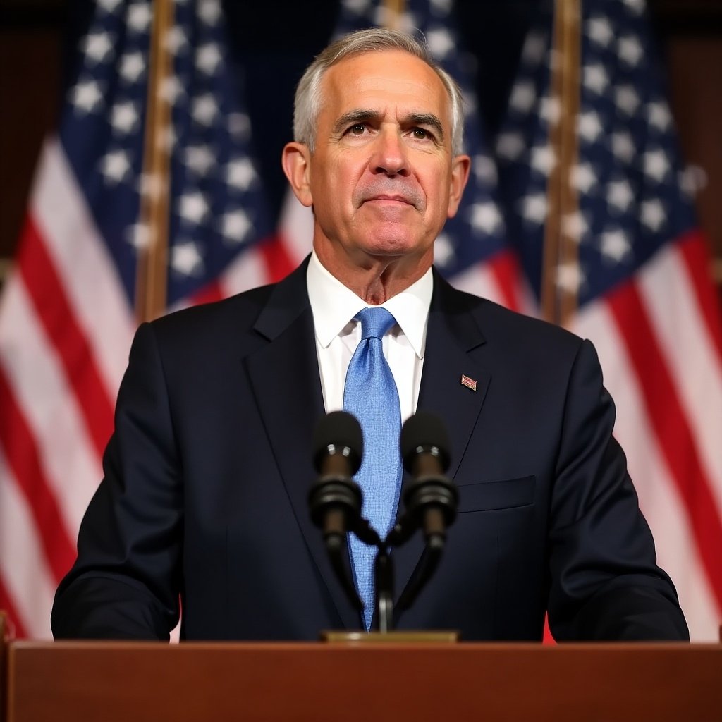 Politician standing confidently at podium. Podium has microphones. Behind are U.S. flags. Scene suggests important political event. Politician's expression shows seriousness and determination.