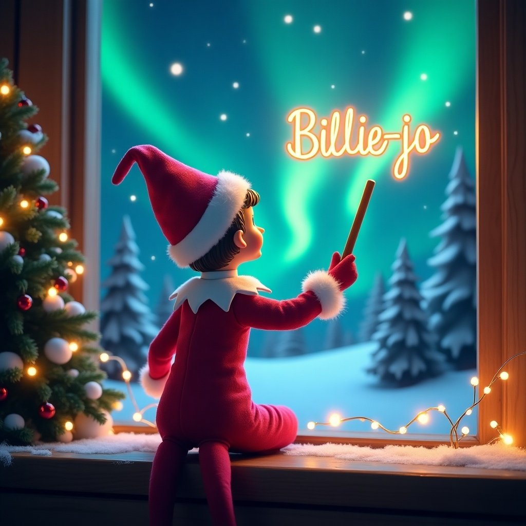 An enchanting Christmas scene featuring an elf on the shelf. The elf, dressed in pink and white, sits on a windowsill with his back to the viewer. He holds a magic wand, and above him is the name 'Billie-jo' in glowing script. The backdrop showcases vibrant northern lights, creating a magical atmosphere. Surrounding him is a beautifully decorated Christmas tree, enhancing the festive spirit. The elf's position and action evoke a sense of wonder, perfectly capturing the joy and excitement of the holiday season.