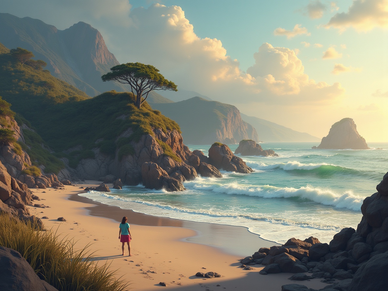 A serene beach scene depicting a figure walking along the shore. The landscape features lush green hills and rocky formations near the ocean. Gentle waves lap against the sandy beach, creating a tranquil atmosphere. The lighting is soft and warm, indicating either sunrise or sunset. This image evokes a sense of peace and connection with nature.