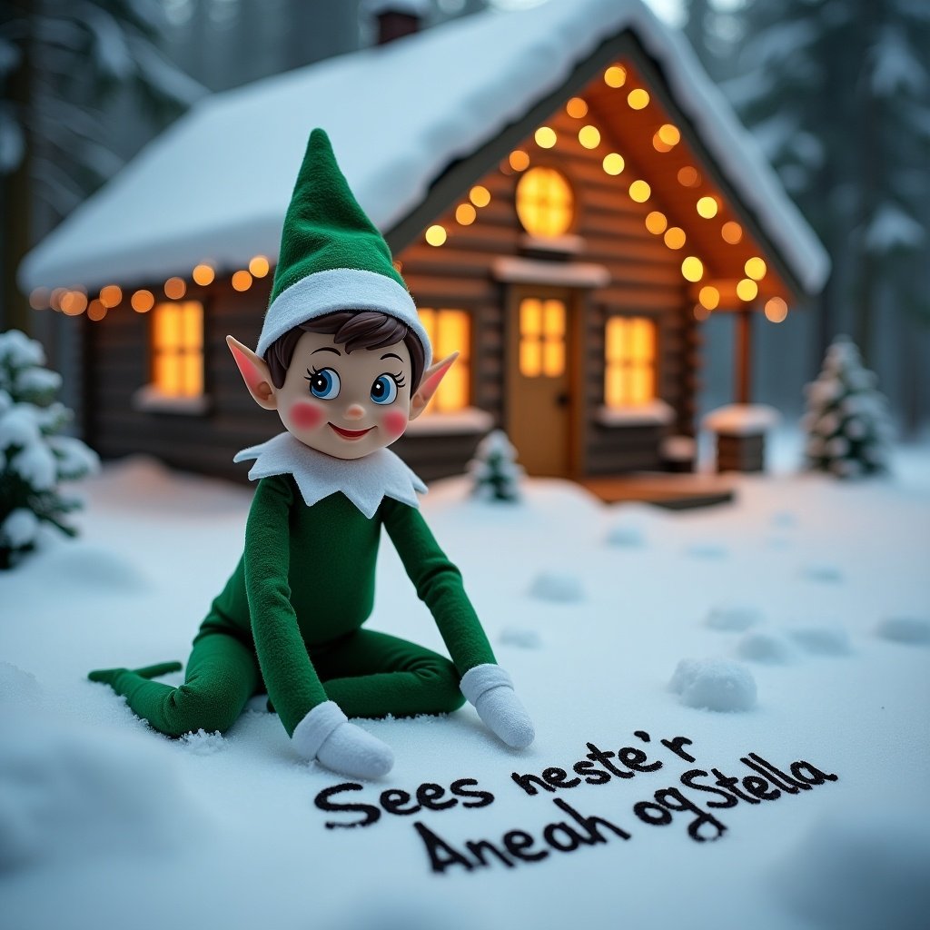 Image features a green Elf on the Shelf in a winter scene. The elf is dressed in green and writing in snow. A cabin with lights is in the background. The setting evokes holiday magic and joy. Elf's expression is playful. Snow adds charm to the scene.