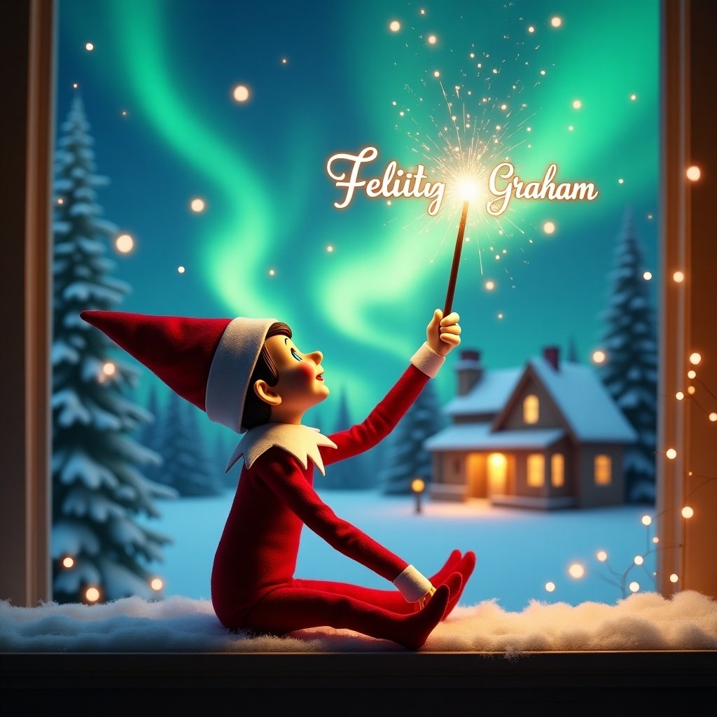 Elf sits and gazes skyward. Elf has pointed ears. Elf holds glowing wand emitting sparkling light. Background shows charming Christmas scene. Colorful northern lights swirl above. Cozy house in the distance, decorated for holidays. Snow covers the ground, adding to winter atmosphere. Elf embodies spirit of magic associated with Christmas. Name 'Elliott Felicity Graham' is written in the air using the wand.