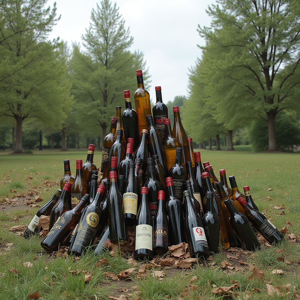 A pyramid of assorted wine bottles stands in a serene park setting.