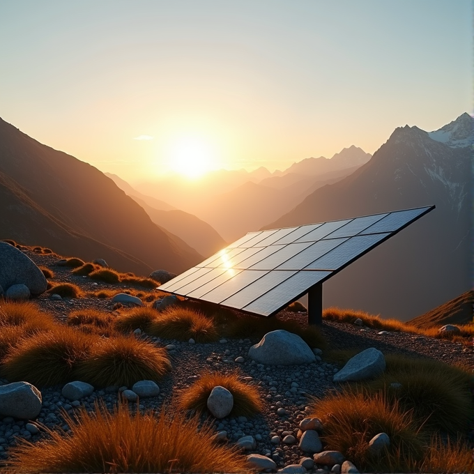 A solar panel stands on rocky terrain as the sun rises over distant mountains.