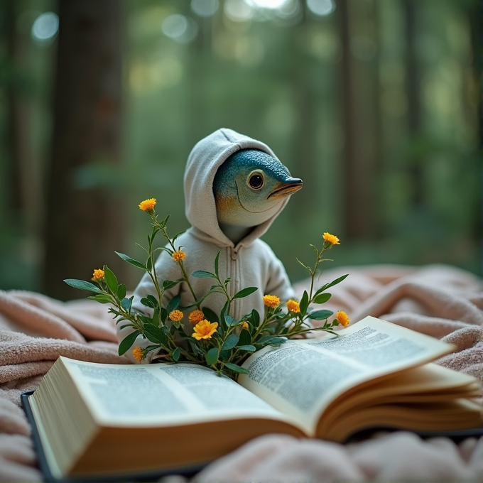 A bird wearing a hoodie sits among yellow flowers with an open book in a forest setting.