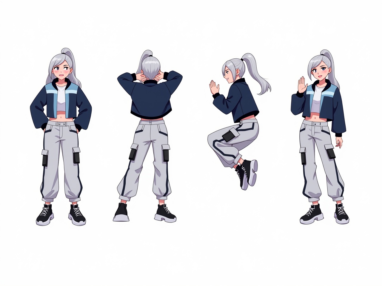 Create an illustration of a female character featuring long silver hair styled in a high ponytail. She should wear a cropped navy blue jacket with light blue and black accents, along with baggy cargo pants equipped with straps and chunky shoes. The character should be depicted in four distinct poses: one where she is happy and excited, another displaying sadness or disappointment, a dynamic jumping pose, and finally, a traditional Thai respectful greeting pose known as 'wai'. The artwork should embody a sketchy, Procreate-inspired art style with soft outlines, capturing a modern and stylish character design reminiscent of fashion concept art.