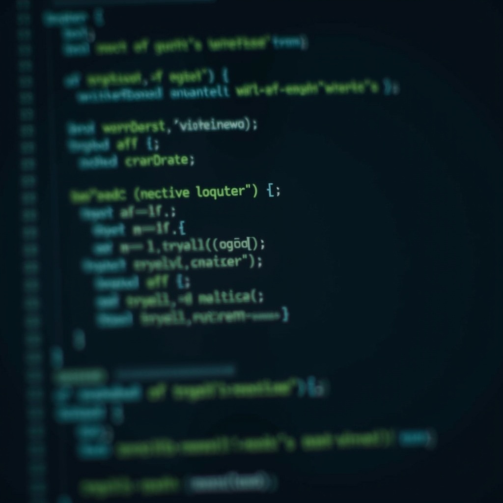 Blurred image shows code in dark-themed editor. Syntax highlighted in green and blue. Focus on text editor appearance.