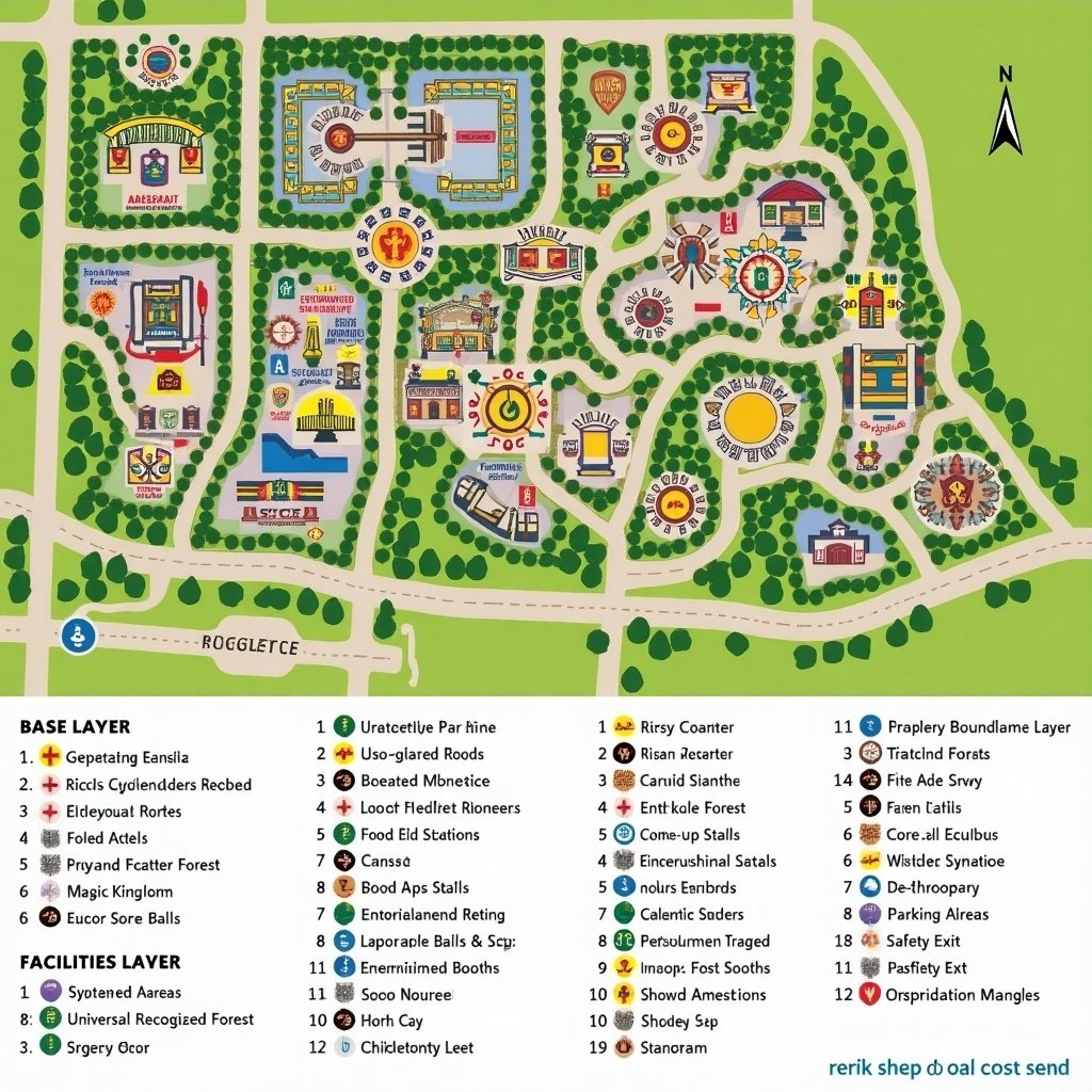 Detailed layout of a theme park showcasing various attractions and facilities. Main areas highlighted include entry points, rides, themed zones, and amenities. Clear visual organization with symbols for food and safety features. A notable scale and directional guidance included.