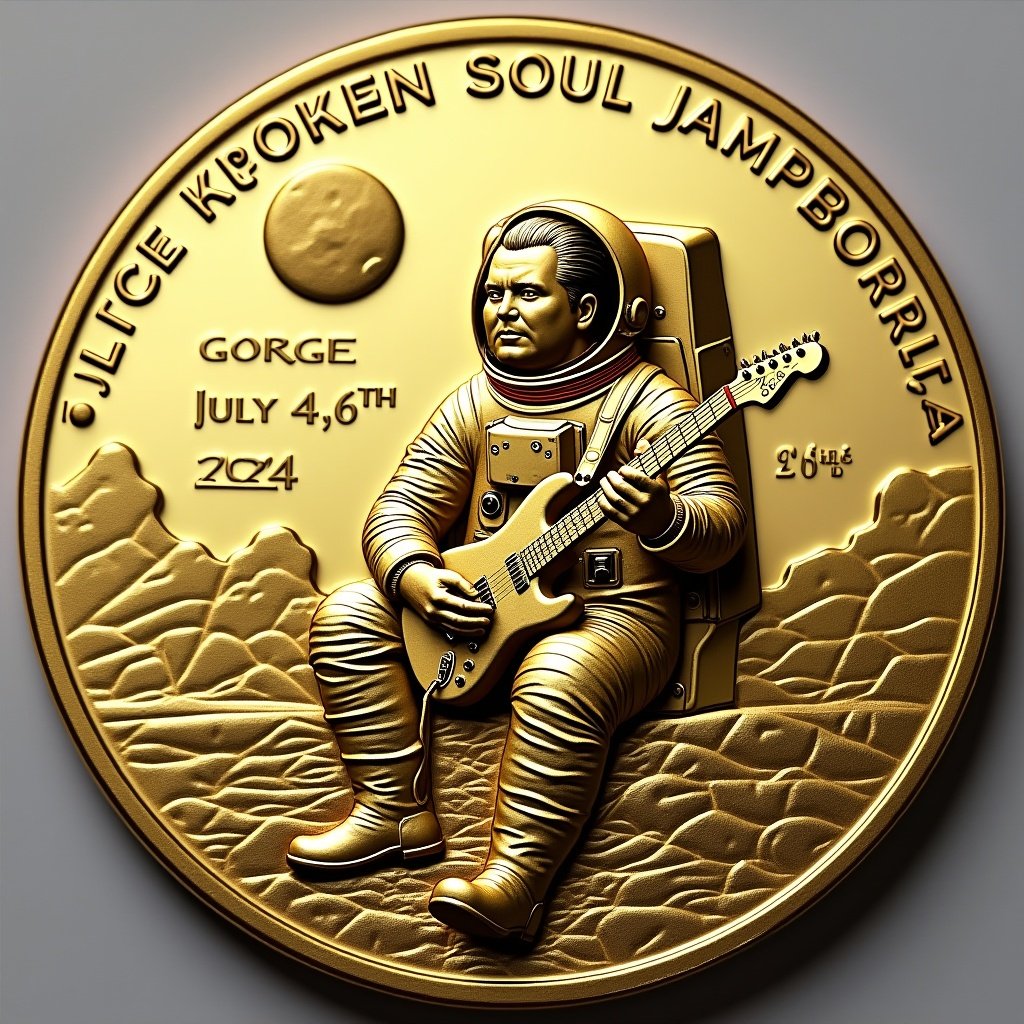 Gold coin featuring an astronaut playing guitar. Coin represents Dave Tipper from the Broken Soul Jamboree album. The background indicates the Gorge Amphitheater. It commemorates the July 4, 5, 6th 2024 show.