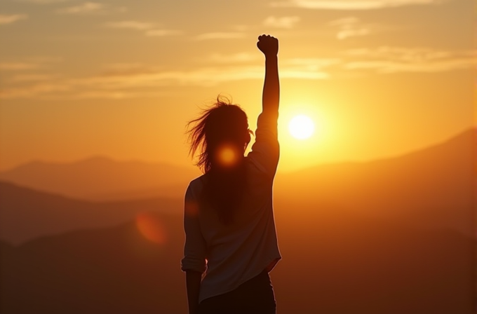 A silhouette of a person raising an arm triumphantly against a vibrant sunset over a mountainous landscape.