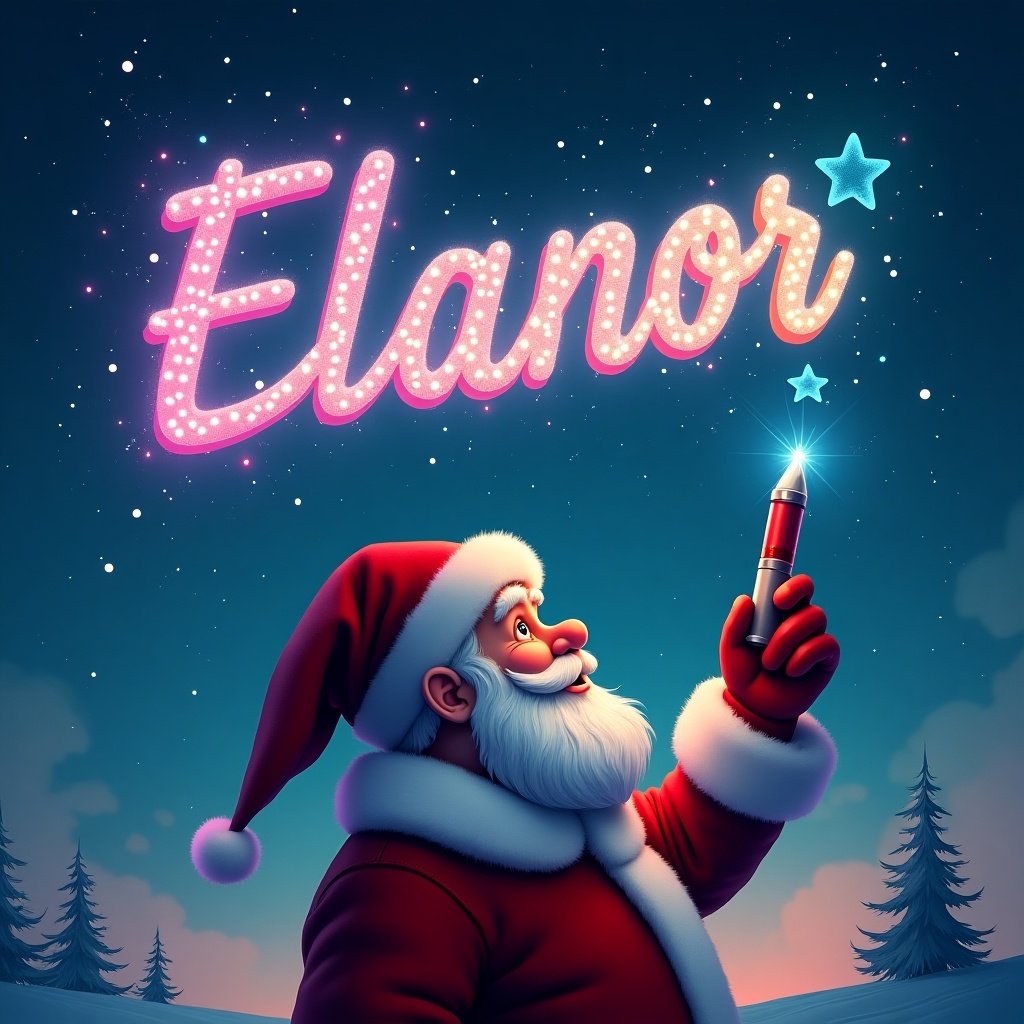 Christmas theme with realistic Santa writing name Elanor in sky with glow pen. Santa looking up at letters.