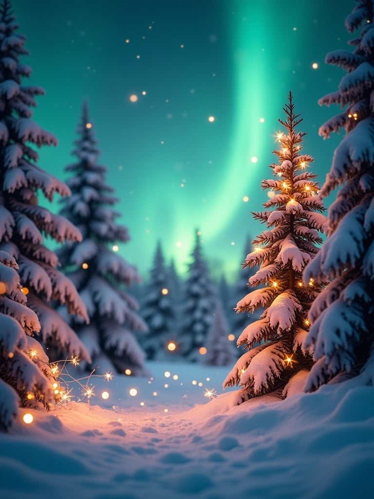 Winter Christmas background with northern lights. Snow-covered trees featuring warm glowing lights. Soft snow creates a magical atmosphere. Blurred background enhances inviting scenery. Text sparkles in sky wishing Merry Christmas and Happy New Year 2025.