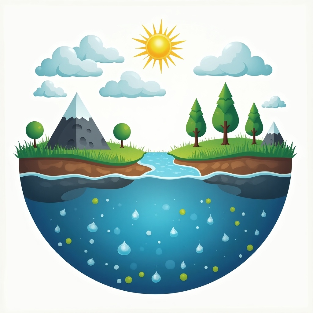 Scientific illustration of the water cycle showing land and water elements. Features sun, clouds, trees, mountains, and a river with a clear water section demonstrating the cycle.