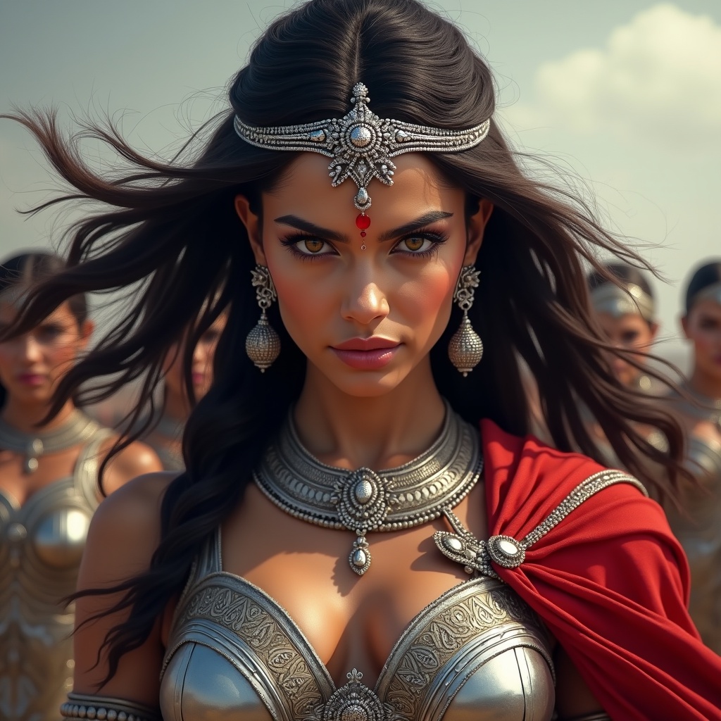 A fierce warrior woman with intense eyes and flowing dark hair. Wearing ornate silver armor and a red dupatta. Features a regal silver headpiece and a red bindi. Exudes leadership and strength with a commanding presence.