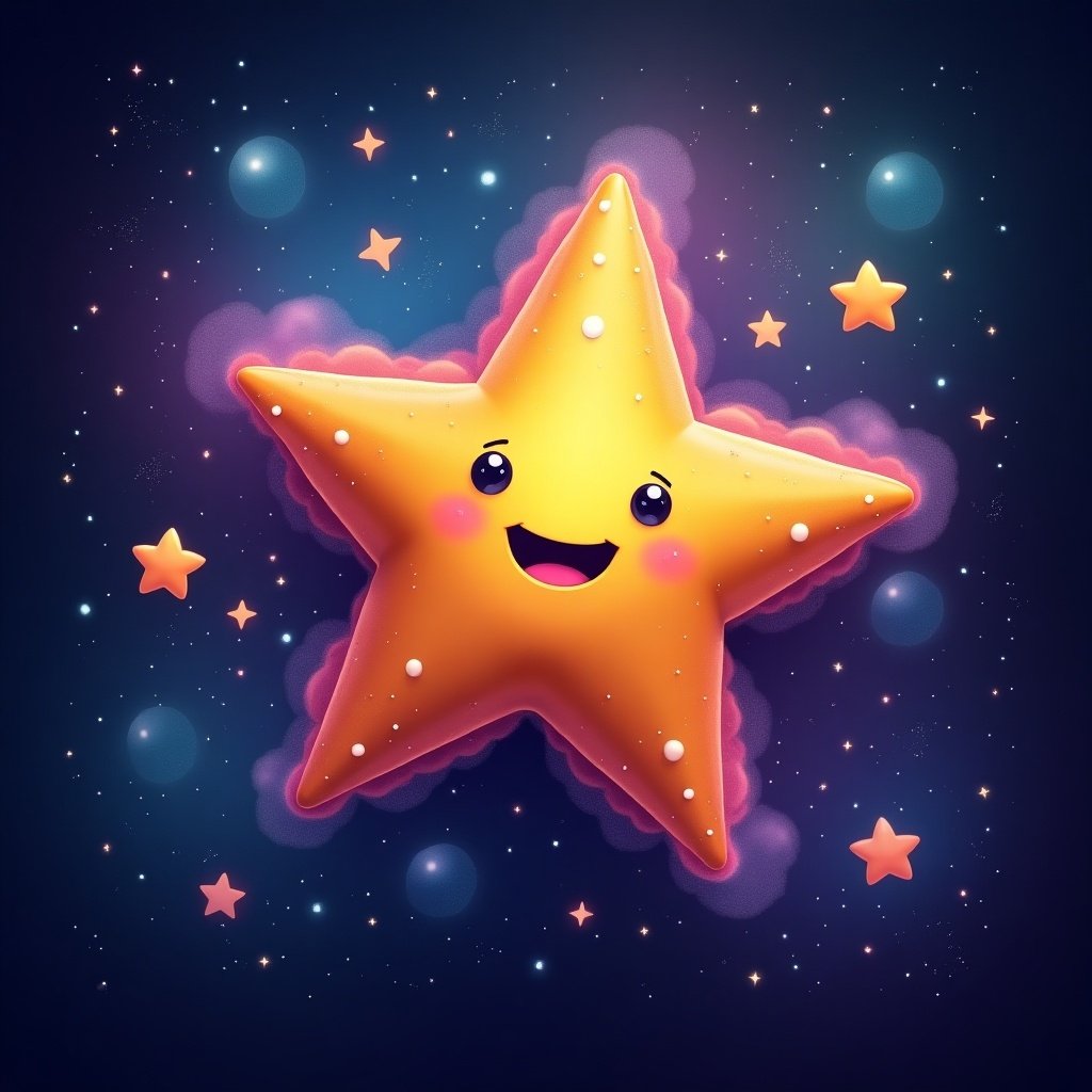 A happy star character in a colorful nebula. The star has a cheerful face, surrounded by smaller stars and colorful cosmic elements.