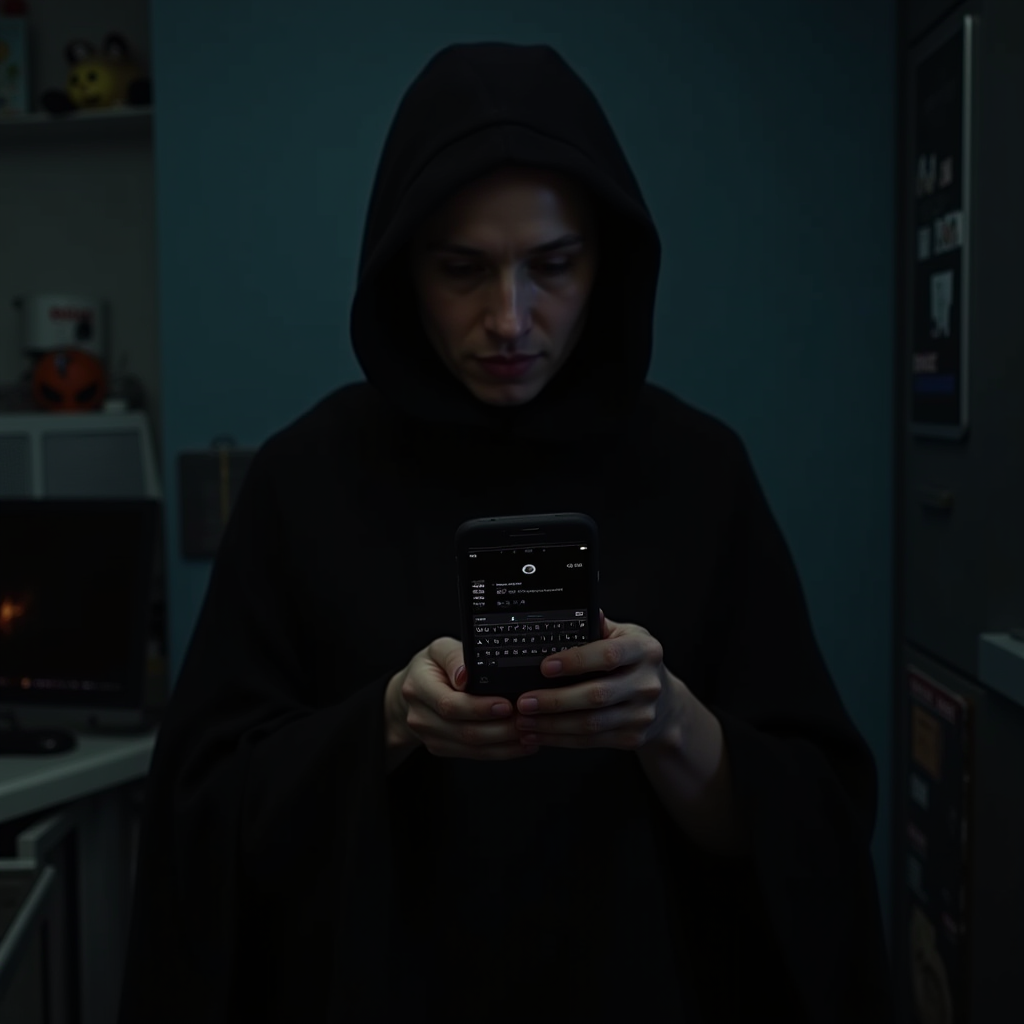 A person in a hooded cloak is intently using a smartphone in a dimly lit room.