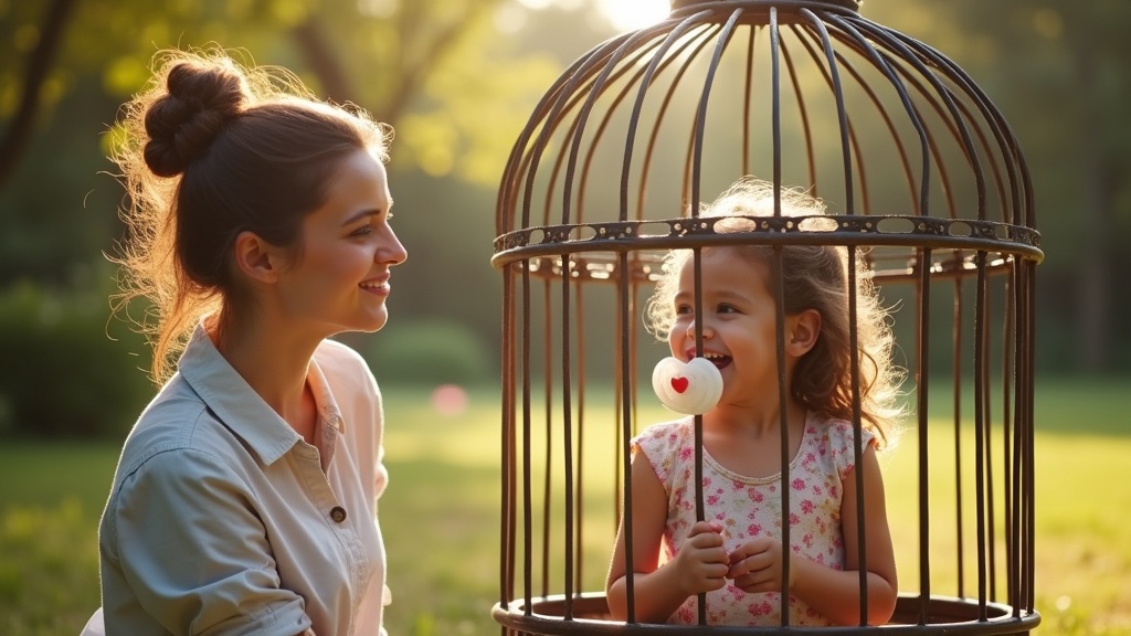 Mother and daughter playfully interact inside a large medieval metal cage. Sunshine creates a warm and inviting environment. Daughter holds a big pacifier. High-spirited and cheerful expressions are shared.