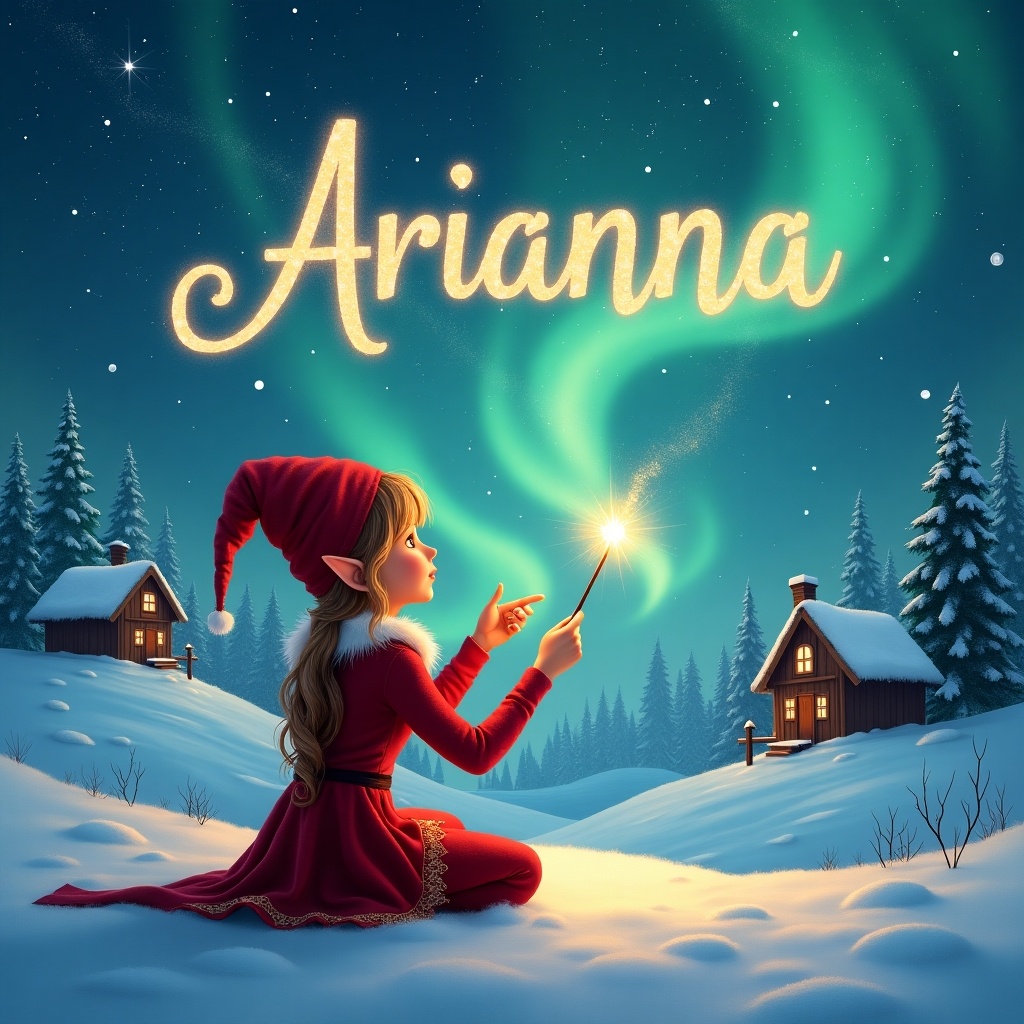 An elf sits in a snowy landscape gazing at a magical sky. The elf wears a red outfit and pointed hat. The elf holds a sparkling wand. Using the wand, the elf writes Arianna in the starry sky. The background has a snowy landscape with houses and evergreen trees under the Northern Lights.