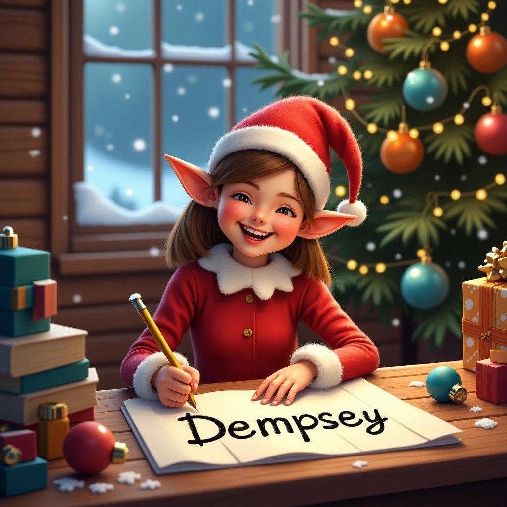 A cheerful girl elf, dressed in a red outfit with white trim, joyfully writing the name ‘Dempsey’ on a piece of paper. She is seated at a wooden table adorned with colorful Christmas gifts and decorations. In the background, a beautifully decorated Christmas tree shines with warm lights, adding to the festive atmosphere. Snow can be seen outside a window, creating a cozy winter setting. The elf has bright eyes and a big smile, expressing the joy of the holiday season.