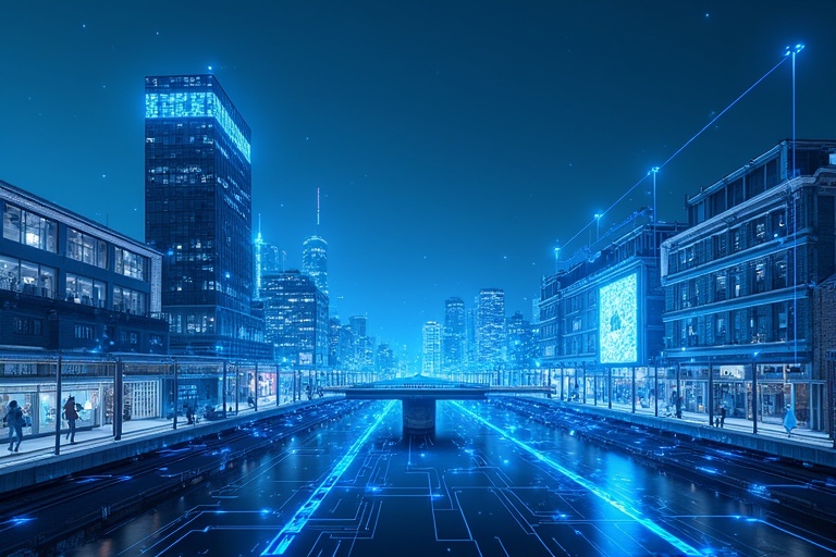 Futuristic cityscape inspired by Dublin features blue tones. Depicts a digital city with visible wireless connections. Includes a skyline filled with illuminated buildings adjacent to a waterway. Bright blue glow highlights the urban landscape.