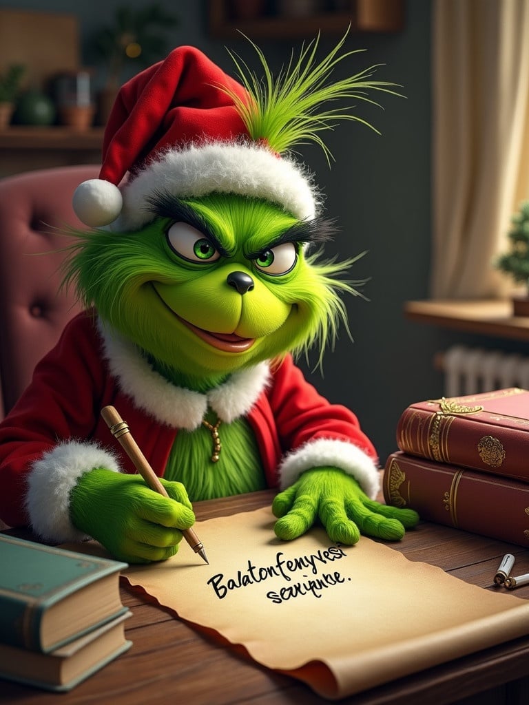 The Grinch with green fur in a Santa outfit writes Balatonfenyvesi szolgáltatók on parchment. Books and a cozy chair are present.