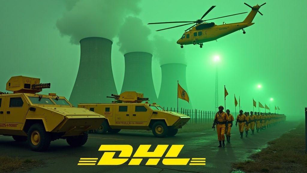 In a dramatic scene, large yellow armored vehicles equipped with cannons approach a fence. The sides of the vehicles prominently display the DHL logo. Nearby, a group of soldiers in yellow uniforms marches together, some armed with rifles. One soldier proudly holds a flag bearing the DHL logo. Behind them, the ominous smokestacks of a nuclear power plant emit a green glow. High above, a Chinook CH-47 helicopter flies, accentuating the tension. At the bottom, the bold DHL logo is clearly visible.