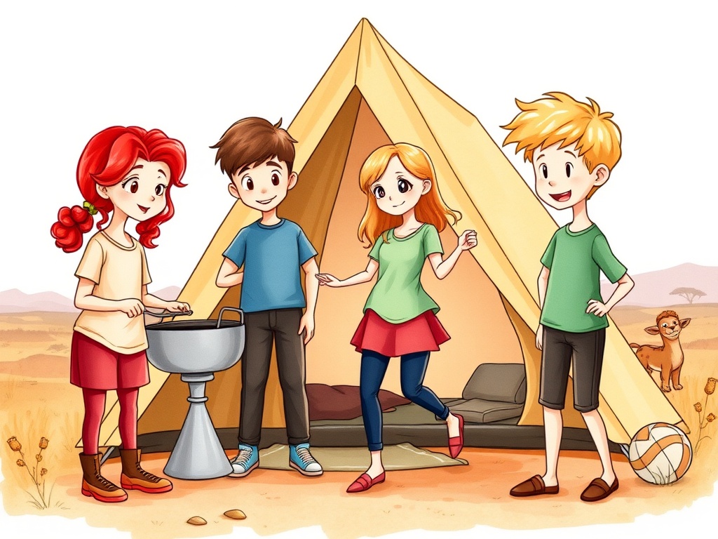 This lively illustration captures four children enjoying a camping trip in a sunny, grassy landscape. They are standing in front of a tent, showcasing their cheerful camaraderie. One child appears to be cooking on a portable grill, while a friendly animal, possibly a lion cub, peeks playfully from behind the tent. The scene is vibrant, with warm colors and a tranquil background, evoking joy and adventure.