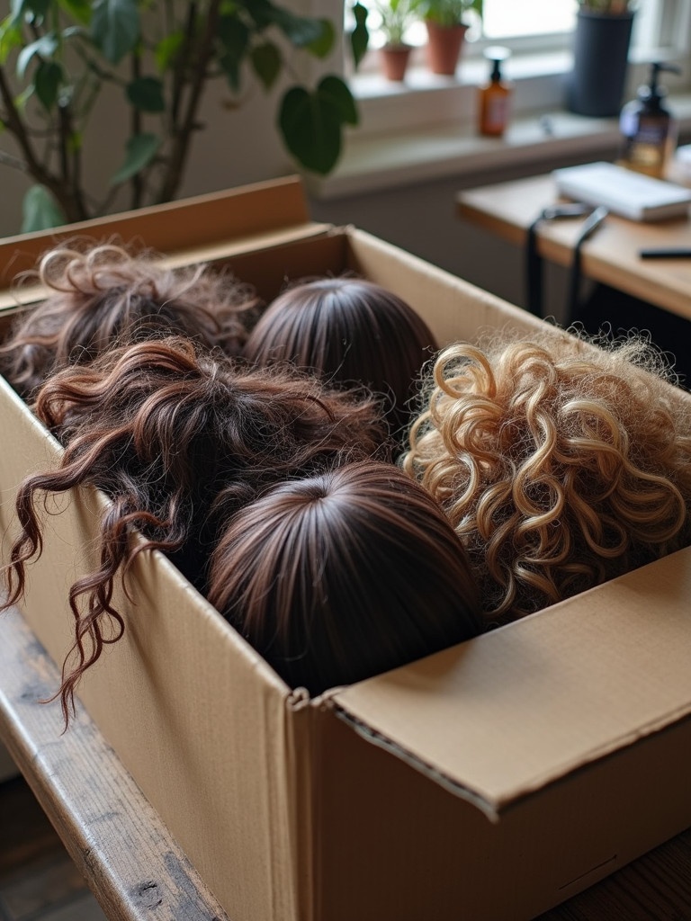 A collection of wigs inside an open box. Wigs tangled and matted. Some wigs slightly frizzy and dull. Wigs vary in color and texture. Curly, straight, and wavy wigs made of synthetic and human hair. Strands messy and disorganized. A few wigs partially spilling out of the box. The scene in a softly lit room with a worktable nearby. Hint of restoration work with tools like combs, scissors, and hair products.