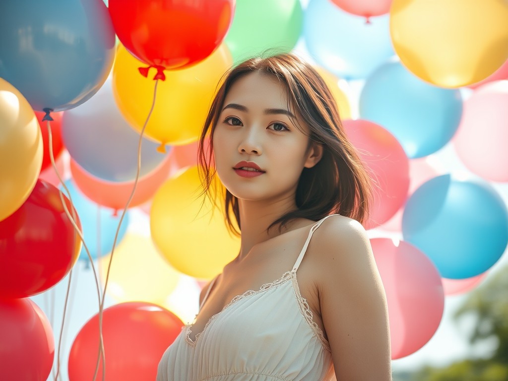 A young woman stands surrounded by vibrant colorful balloons, symbolizing a festive and joyful atmosphere.