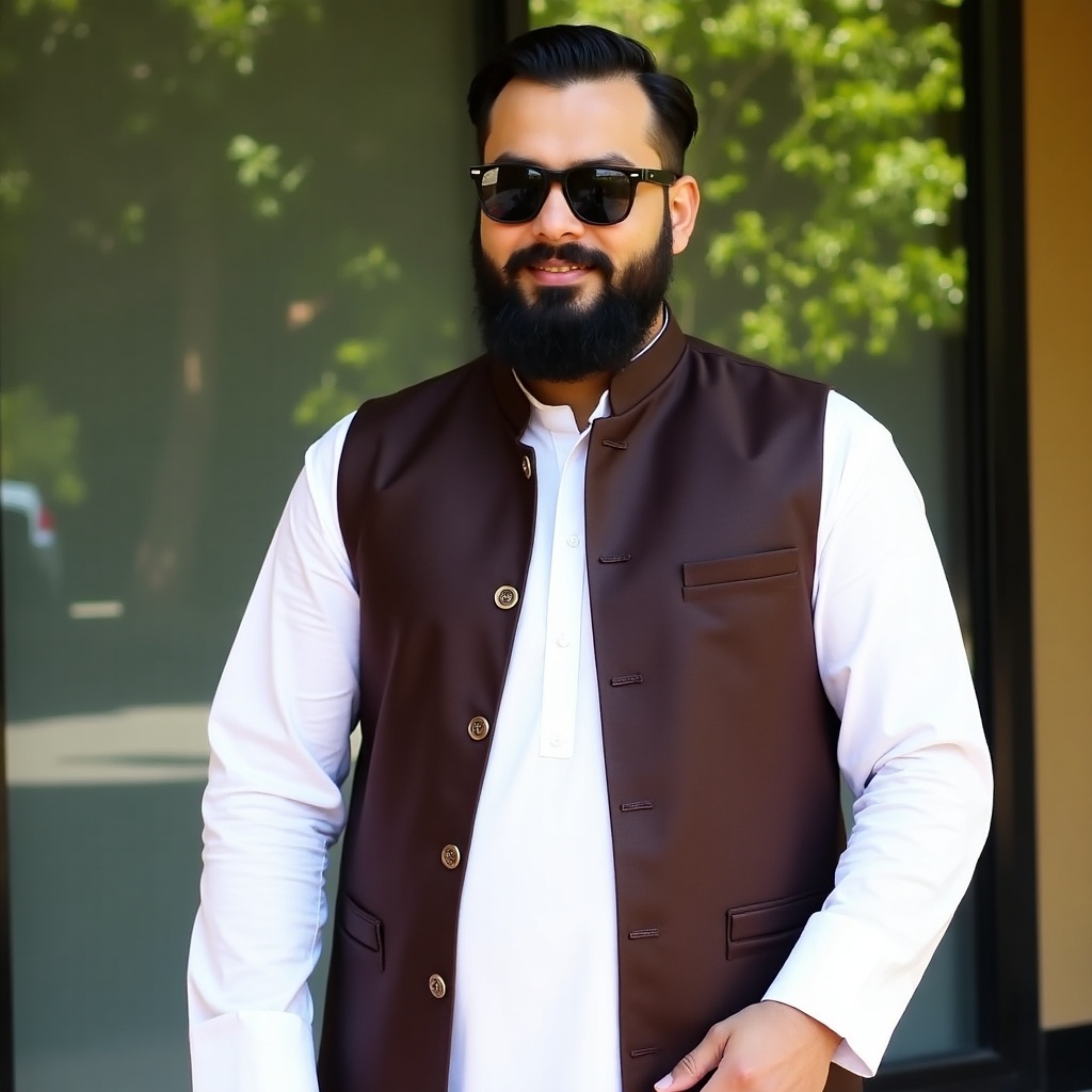 A man is standing outside. The man is wearing a traditional outfit. The attire is shalwar kameez. The waistcoat is dark. The man has a thick beard. The man is wearing stylish sunglasses. The background includes greenery. The scene is captured on a sunny day.