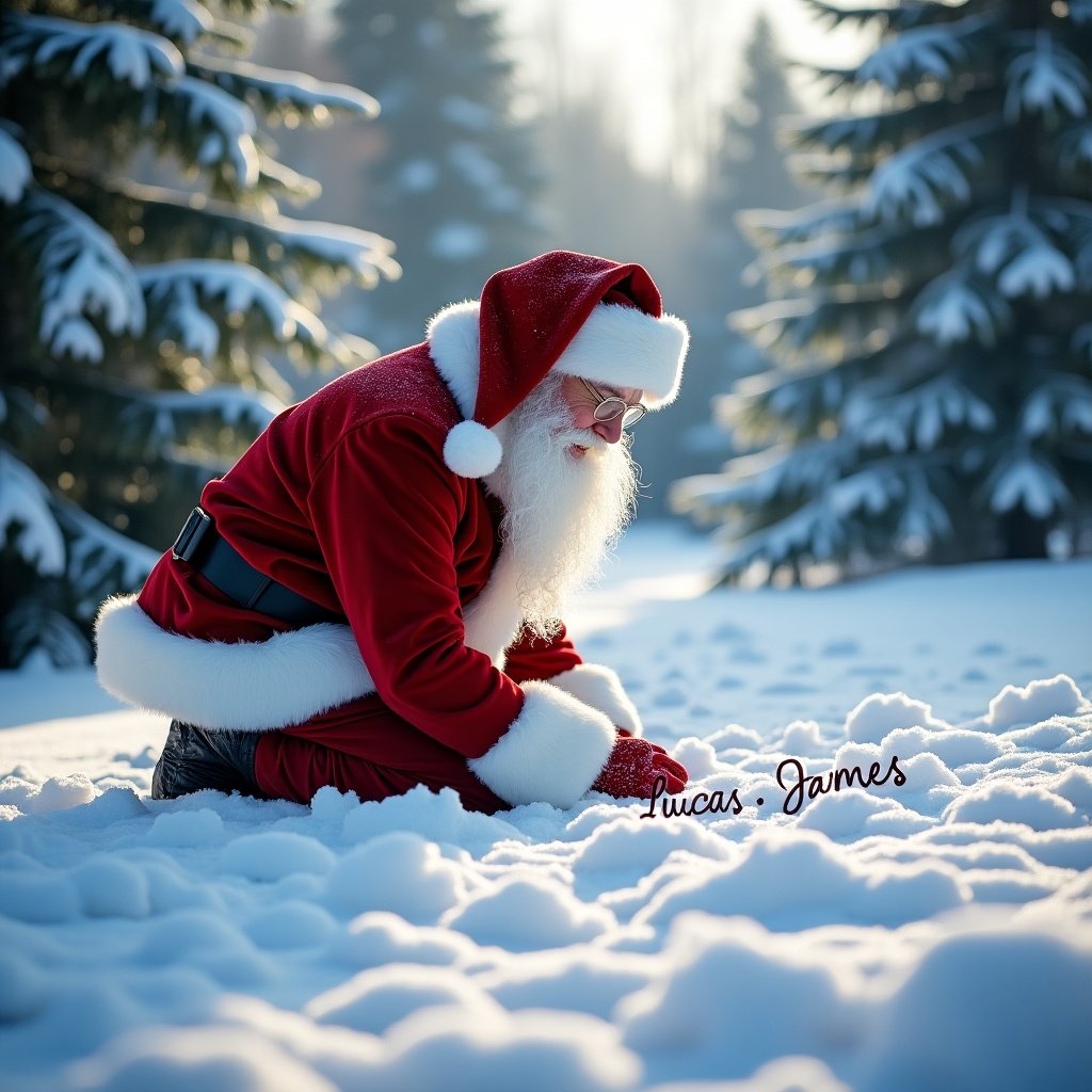 Santa kneeling in snow. Santa wearing red suit and white fur. Writing name in snow. Snow-covered trees in background. Soft daylight illuminating scene.