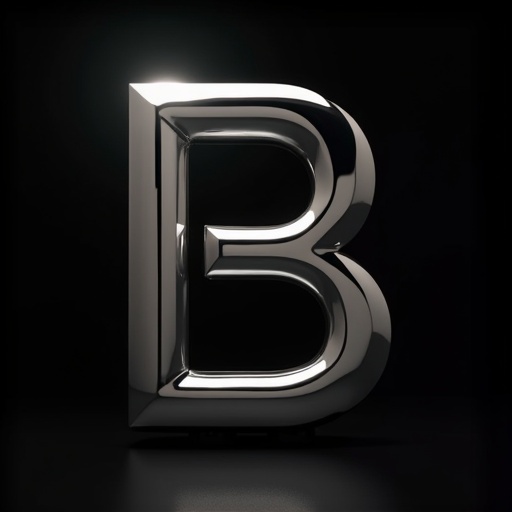 A chrome-plated letter B stands out prominently. No serifs are present in the design. The background is completely black. The letter is highlighted by focused spotlights creating an elegant shimmer.