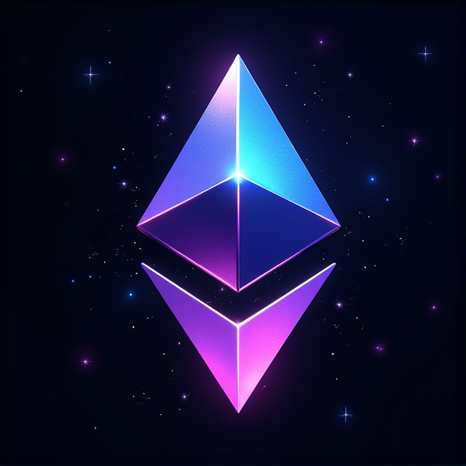 A luminous Ethereum symbol with vibrant gradients of purple and blue, set against a dark, starry background.