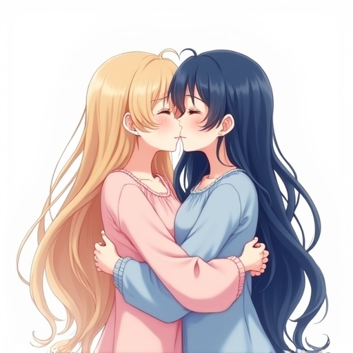 Two anime women embrace each other on a plain white background. One woman has long blonde hair and the other has dark blue hair. Both exhibit peaceful smiles.