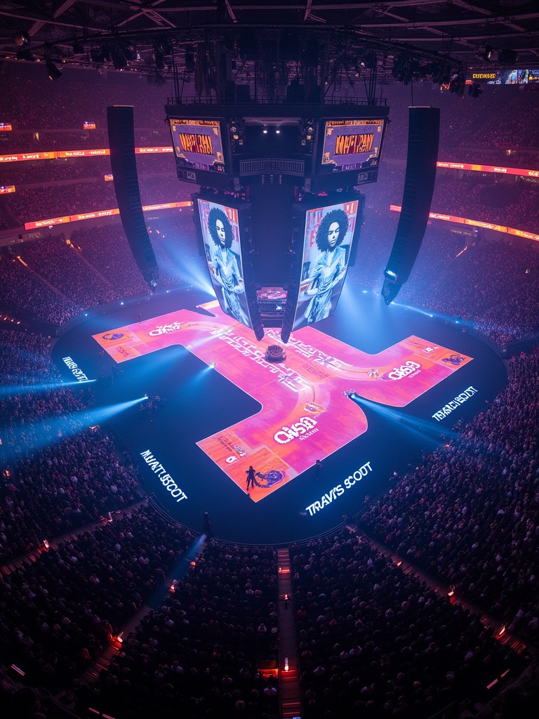 A high-energy Travis Scott concert taking place in Madison Square Garden. A 360-degree stage design creates an immersive experience. The view is captured from a drone offering a unique perspective of the stage and the large audience. Emphasis on vibrant colors and high-tech stage lighting.