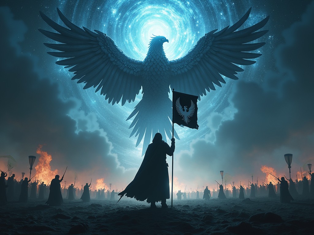 A dramatic scene depicting a colossal eagle with expansive wings standing majestically against a swirling celestial vortex. In the foreground, a silhouette of a figure holds a flag adorned with an eagle emblem, leading a large group of people in a landscape likely aglow with the light from surrounding fires. The composition suggests themes of power, unity, and the divine.